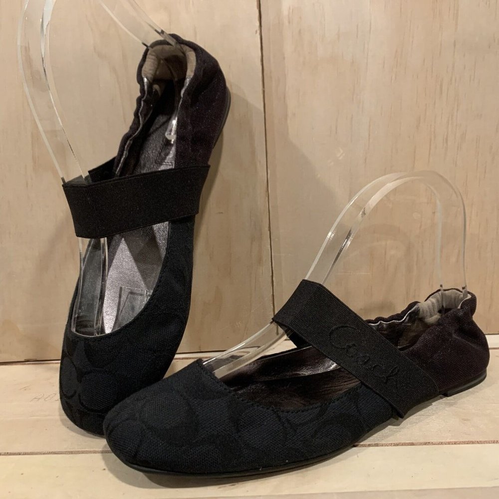 Coach Signature Black Canvas  Ballet Flats Size 7.5B With Logo On Strap